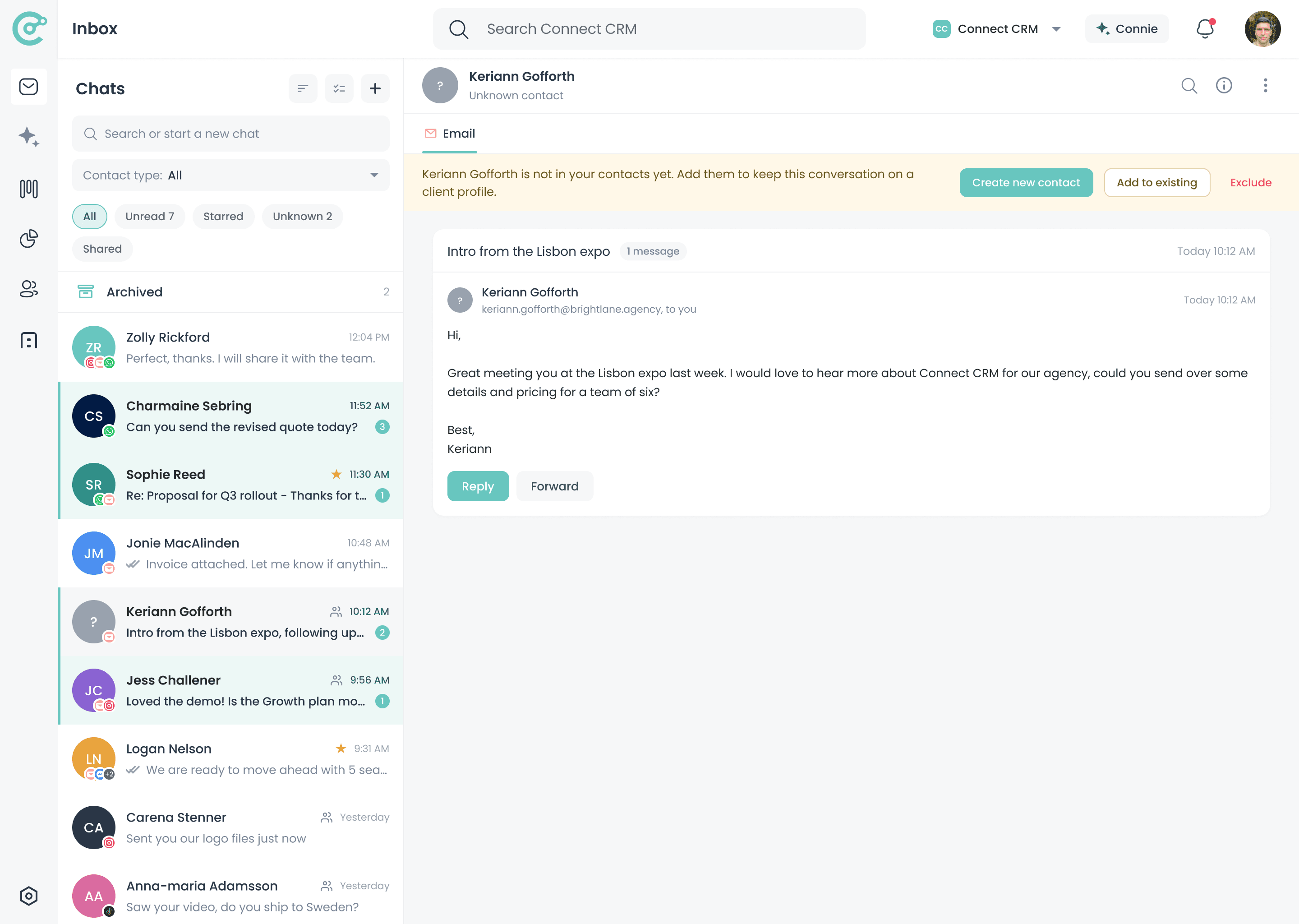 Connect-CRM prompting to add an unknown sender as a new contact