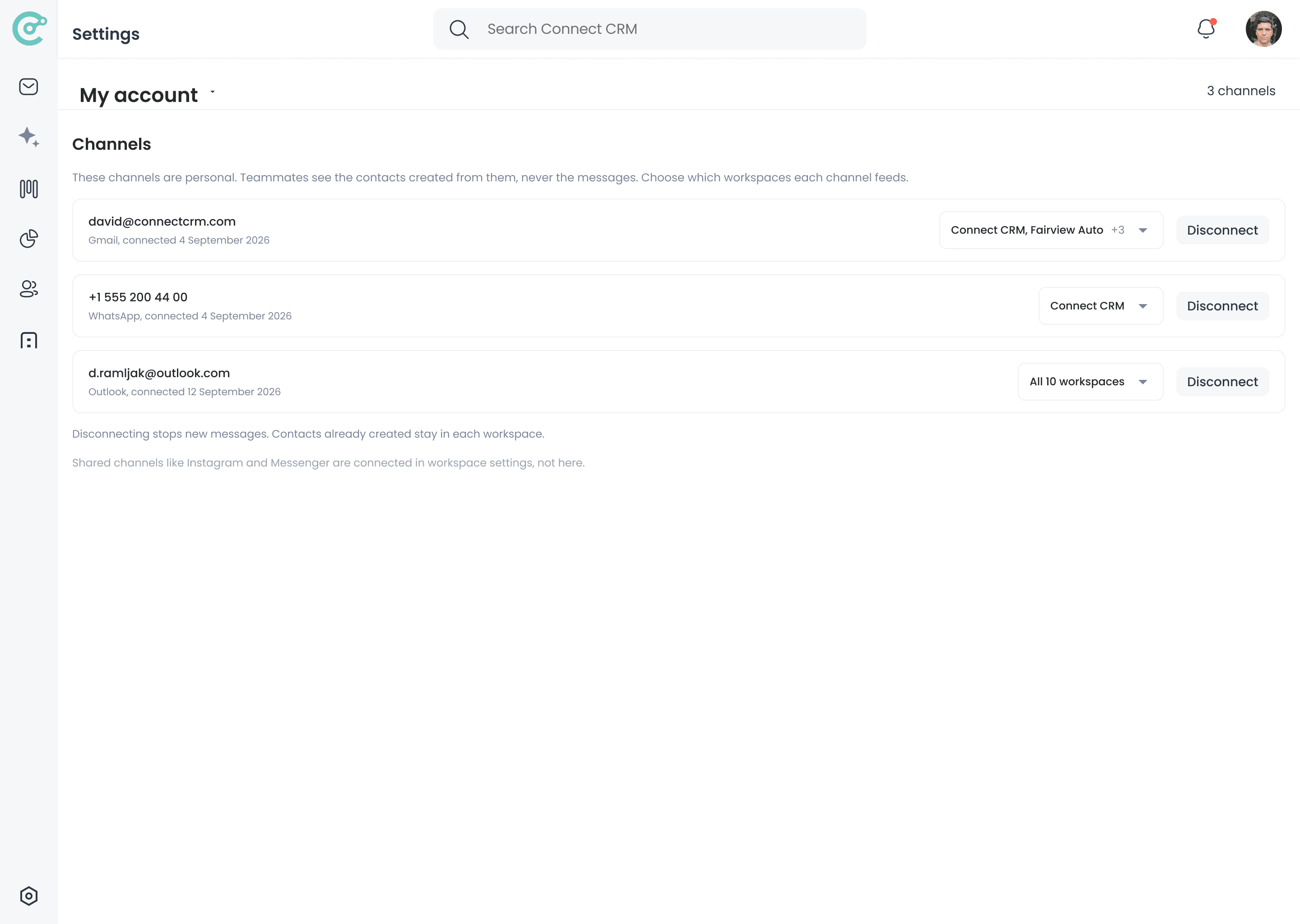 Gmail, WhatsApp and Outlook connected as channels in Connect-CRM settings