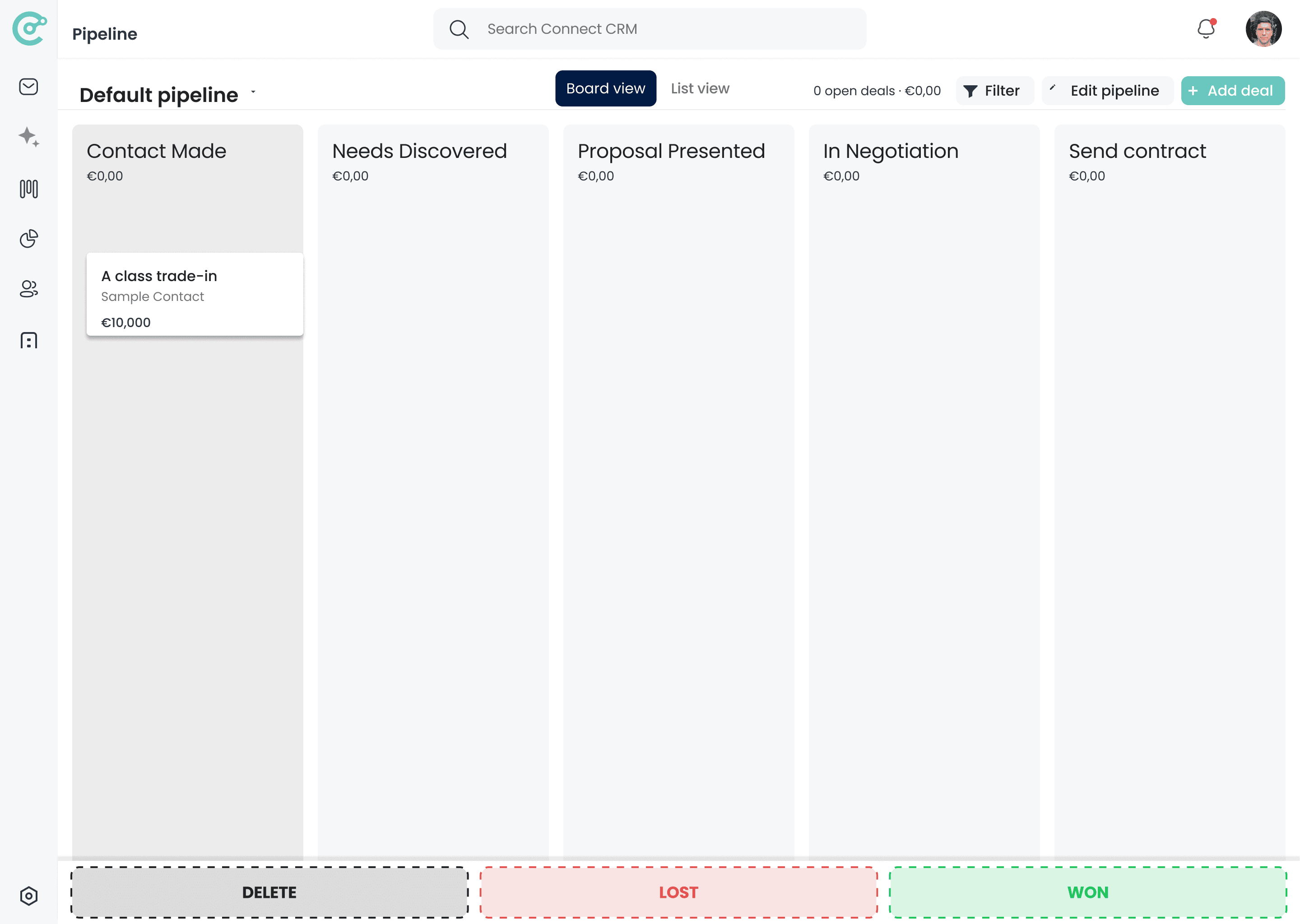 A Connect-CRM pipeline board with deals being dragged between stages