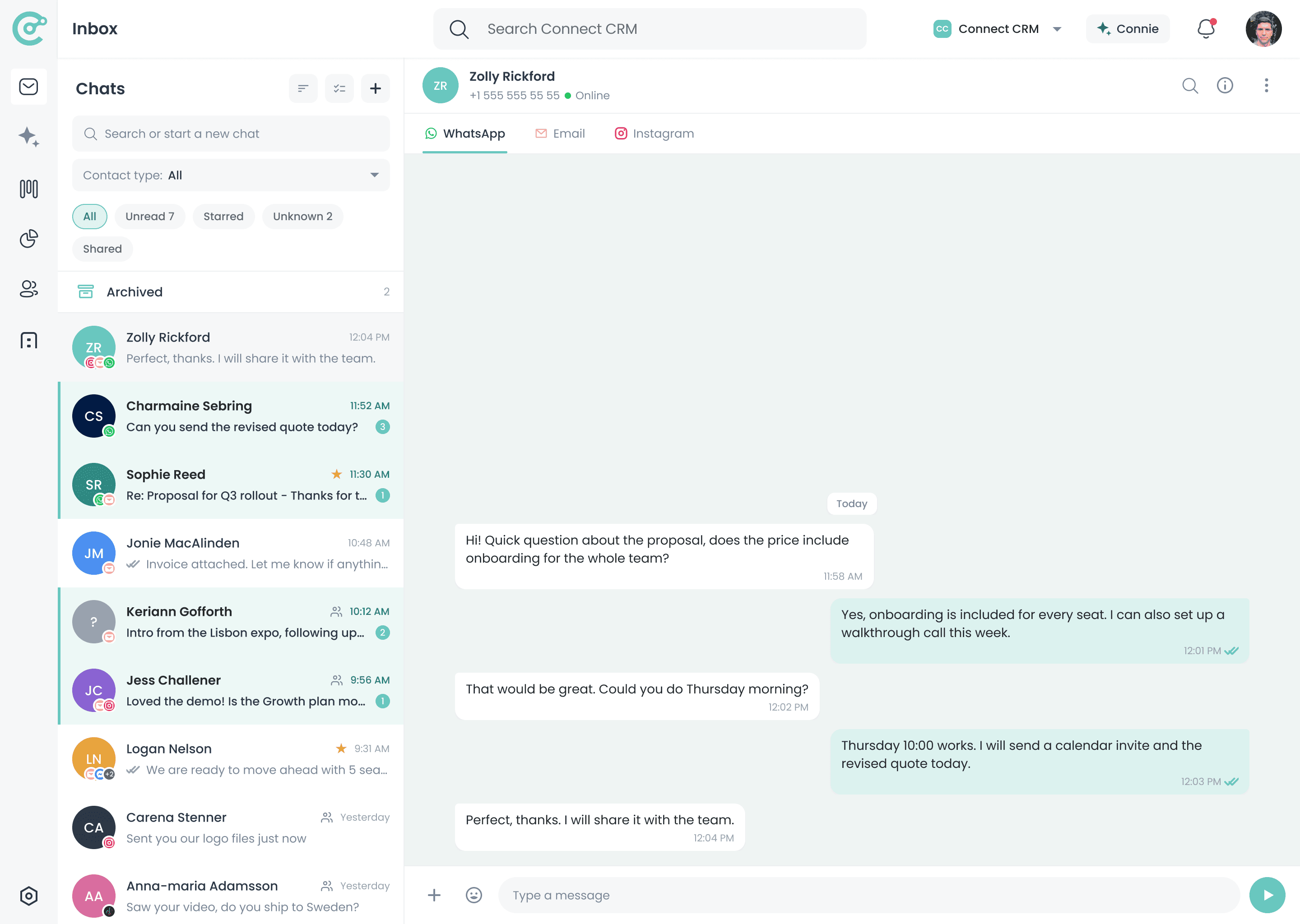 The Connect-CRM unified inbox showing conversations from every channel in one list